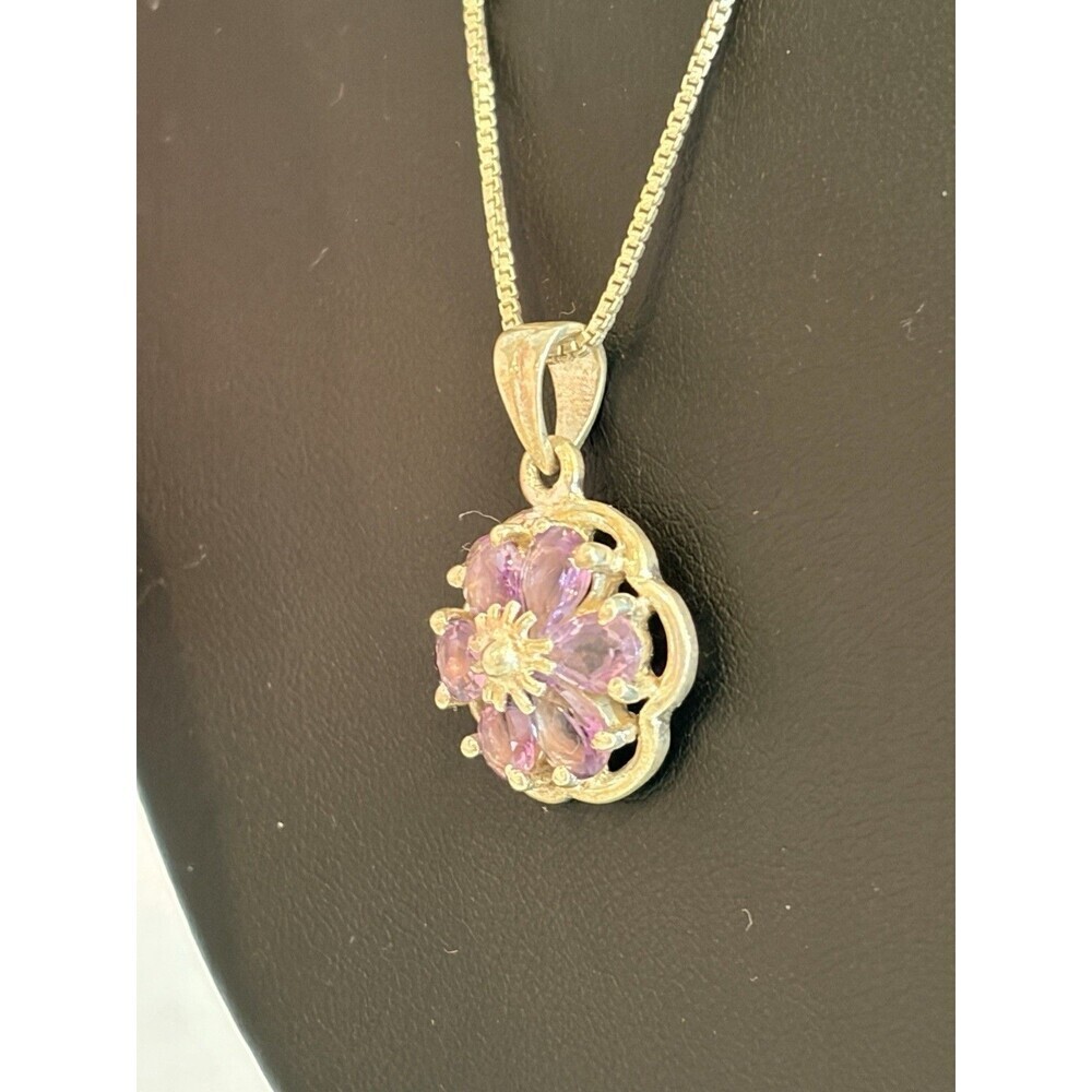 925 STERLING SILVER 1.80 CARAT PURPLE AMETHYST FLOWER PENDANT NECKLACE - Picture 3 of 7
